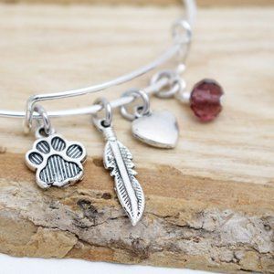 Paw Print, Feather & Heart Adjustable Charm Bangle - Handcrafted Hypoall…